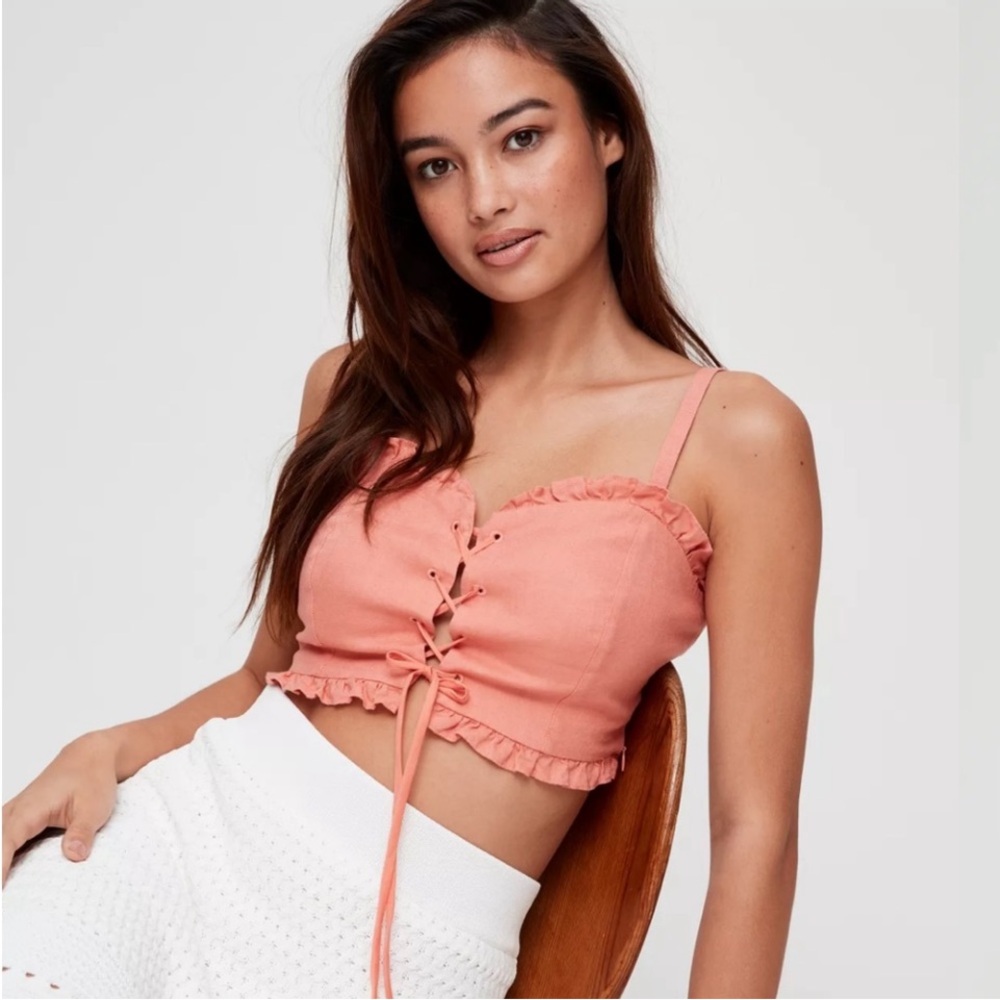 Aritzia Wilfred Sariah Tawny Orange Linen Lace Up Front Bustier Top Sz 8